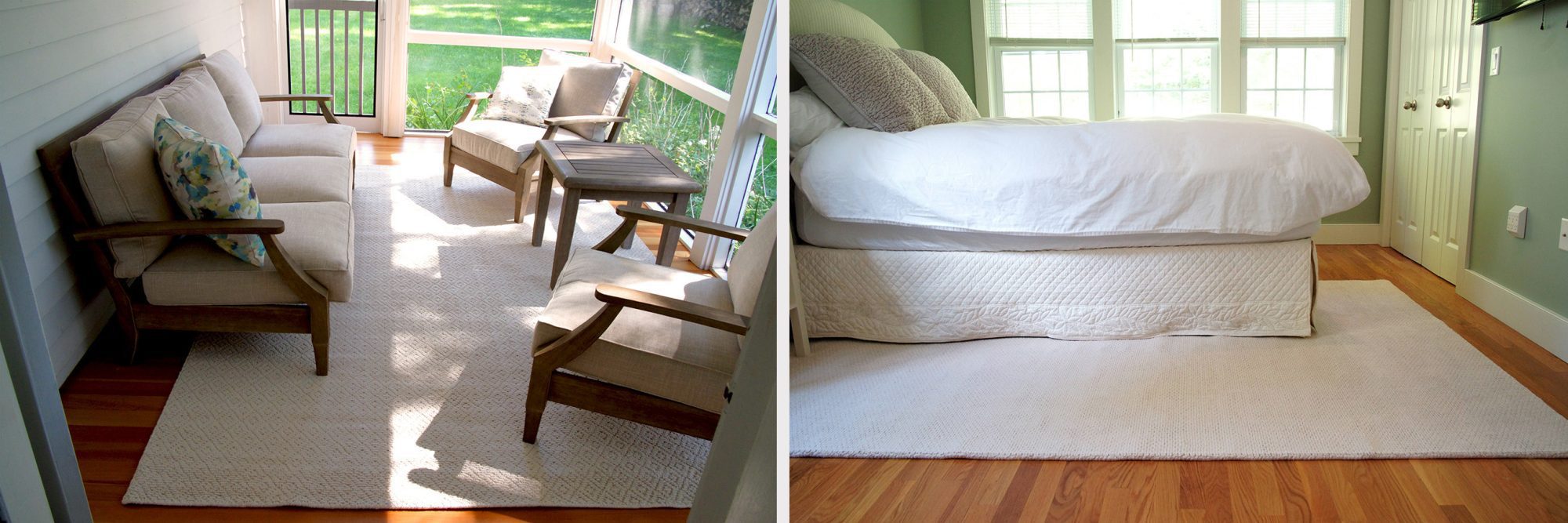 Airloom cotton organic rug on a screen porch with chairs, and aztec organic rug in a bedroom under a bed