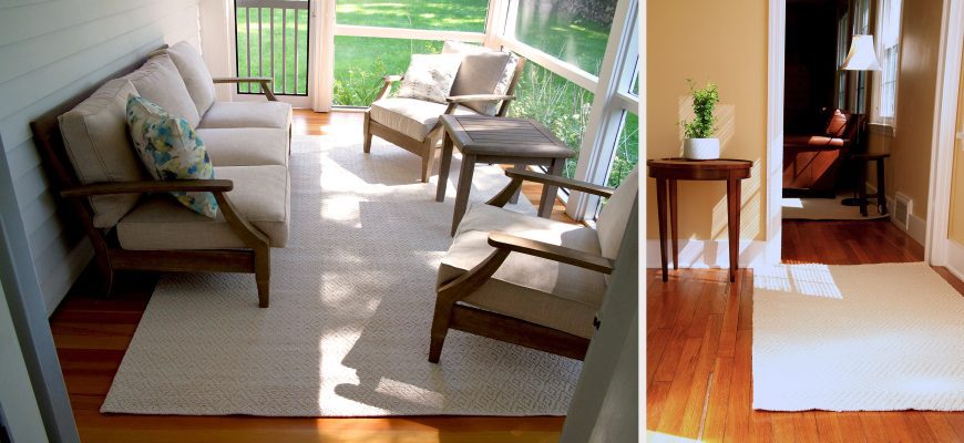 Aztec organic rug on a screen porch with chairs, ripples cotton organic rug on a wooden floor