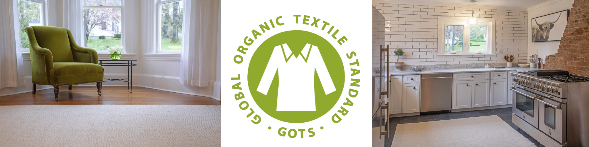 Organic Rugs in a living room and kitchen with the GOTS certified organic Cotton logo in the center