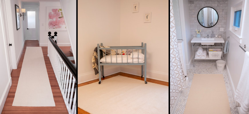 Organic cotton rug in a hallway, one with a baby crib, and one in a bathroom entryway