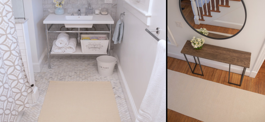 Organic Cotton flatweave rugs in a bathroom entryway and in a hallway