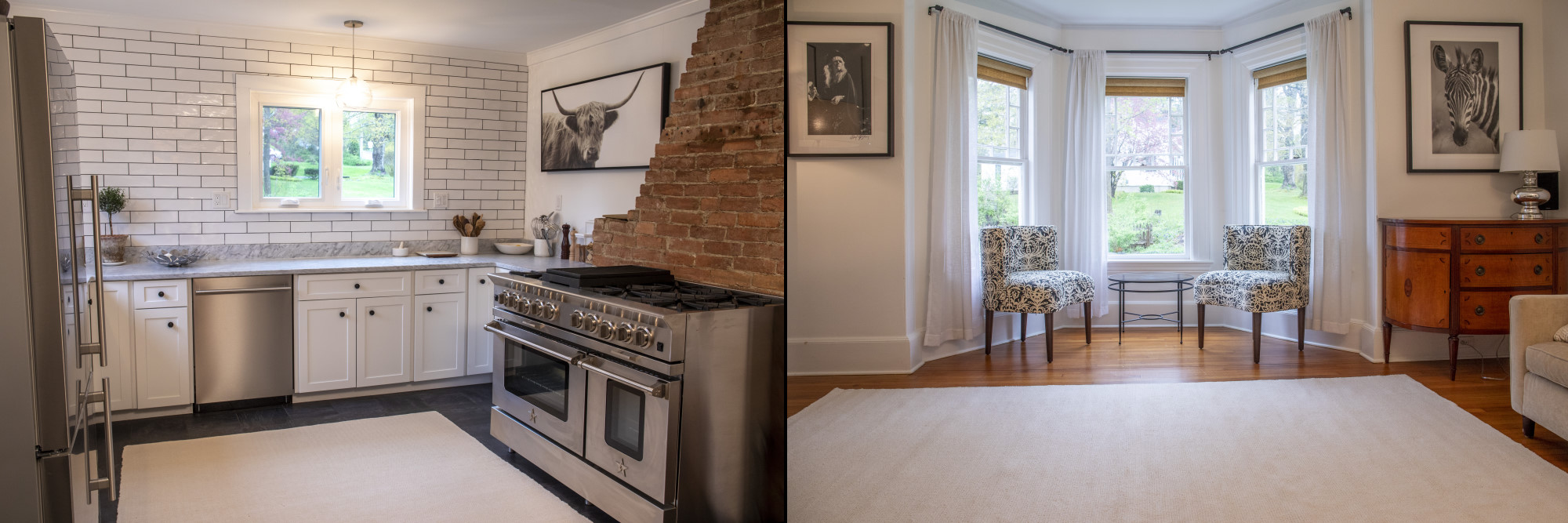 Two shots of organic cotton rugs, one in a living room, one in a kitchen