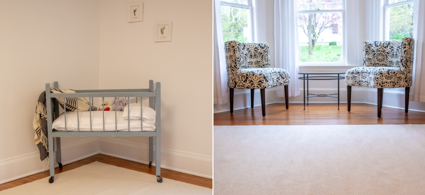 Collage of organic cotton rug with a crib in a playroom and another with printed chairs