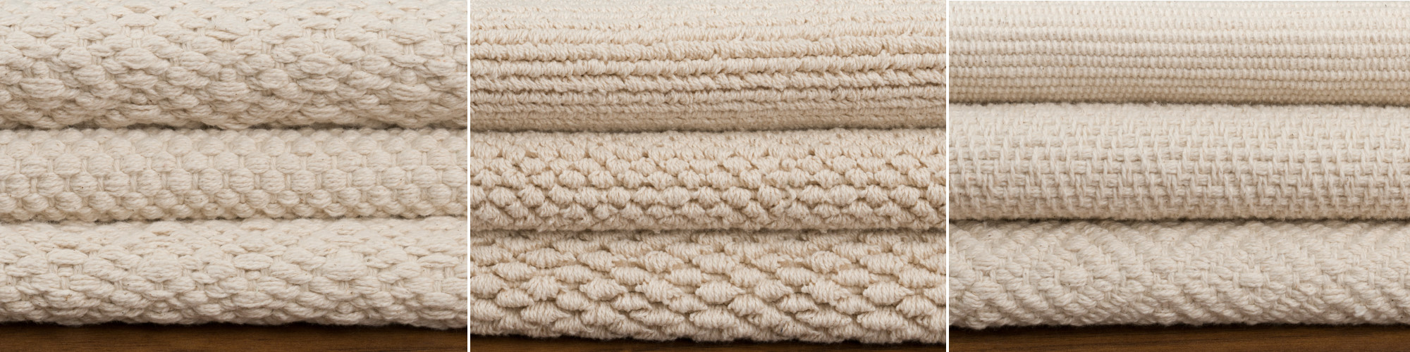 Stacks of our Organic Flatweave, Thick Woven, and Loom-Hooked rugs