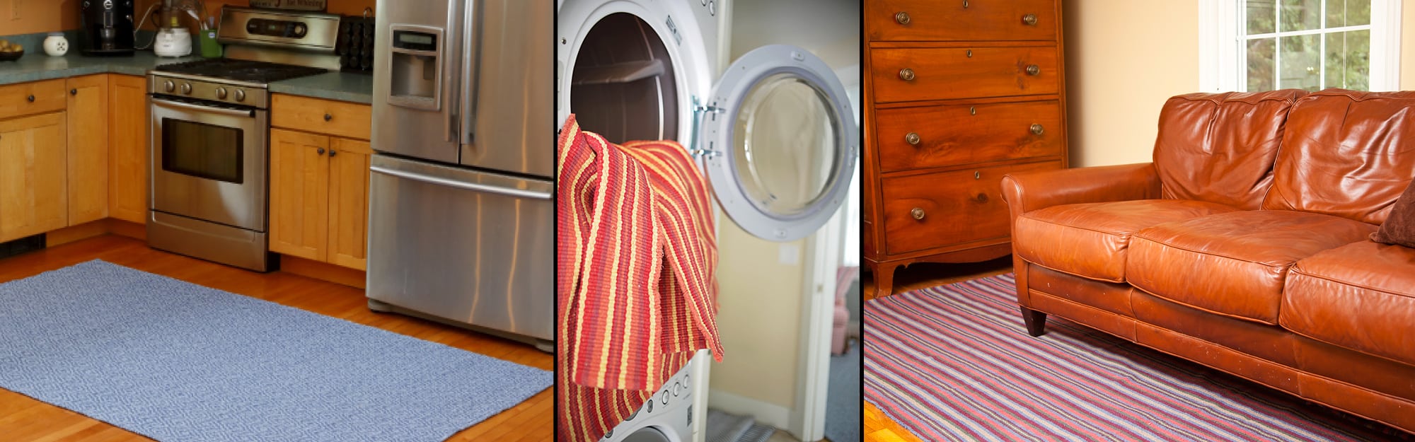 Eco cotton flatweave rugs shown in various rooms, along with a colorful rug hanging out of a washing machine