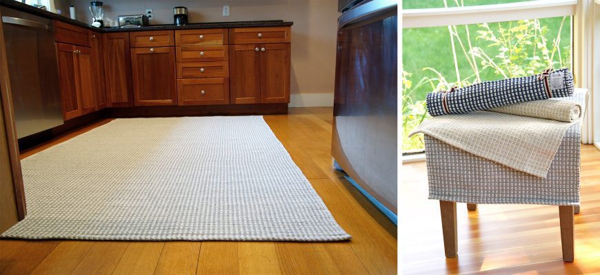 Windsor rugs on a chair and a Windsor grey rug on a kitchen floor, banner sized image