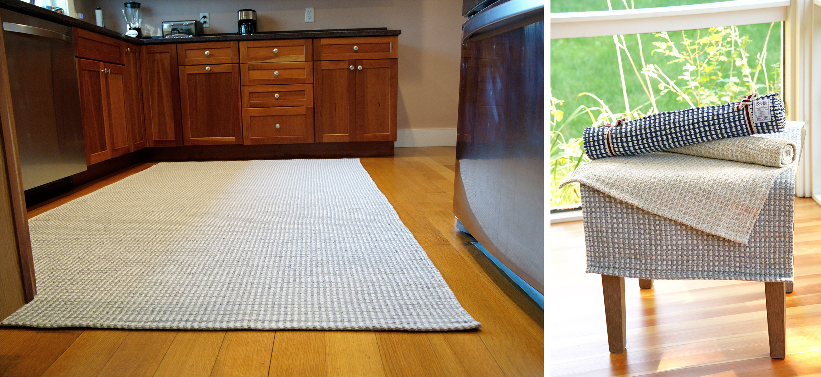 Windsor rugs on a chair and a Windsor grey rug on a kitchen floor, banner sized image